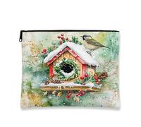 Borsa per cosmetici invernale a forma di casetta per gli uccelli, borsa per trucchi da donna, in tela portatile, con cerniera, borsa da toilette per le vacanze, 18 x 22 cm