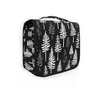 Borsa per cosmetici leggera con design in legno di sequoia nera e bianca, per donne che viaggiano con gancio per appenderlo, borsa cosmetica leggera con scomparti e maniglia