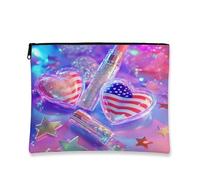 Borsa per cosmetici patriottica, con glitter USA a forma di cuore, da viaggio, con cerniera, per donne, piccola borsa portatile in tela, borsa da toeletta regalo per festival per il 4 luglio