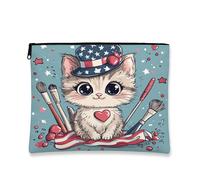 Borsa per cosmetici patriottica, graziosa borsetta da viaggio per trucchi da donna, in tela, con cerniera, regalo estivo per il giorno dell'indipendenza, Blu, 7x9 Inch, Gatto