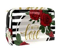 Borsa per cosmetici per donna,borsa per trucco piccola per borsa,fiori della rosa rossa amano a strisce,Borsa per cosmetici da viaggio,Custodia per il trucco