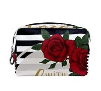 Borsa per cosmetici per donna,borsa per trucco piccola per borsa,fiori della rosa rossa amano a strisce,Borsa per cosmetici da viaggio,Custodia per il trucco