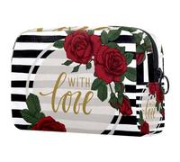 Borsa per cosmetici per donna,borsa per trucco piccola per borsa,fiori della rosa rossa amano a strisce,Borsa per cosmetici da viaggio,Custodia per il trucco