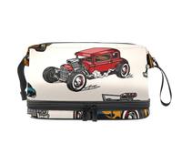 Borsa per cosmetici vintage American Muscle Cars a doppio strato per donne e ragazze, borsa da viaggio per trucchi pratica borsa organizer con scomparto per pennelli, Multi, 27x15x14 cm/10.6x5.9x5.5