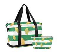 Borsa per il fine settimana con foglie di ginkgo biloba a righe verdi e bianche con tasca bagnata tracolla regolabile borsa tote per trekking set da 2 pezzi per uomo donna