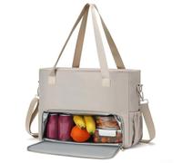 Borsa per il pranzo a doppio scomparto con sezione isolante e tasca dedicata per laptop da 15,6 pollici, in tessuto Oxford resistente all'acqua, adatta per uso in ufficio (beige)