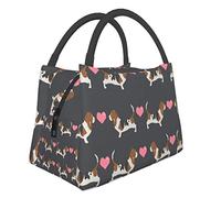 Borsa per il pranzo Basset Hound Love Carino San Valentino Cuori Cane Lunch Box Pasto Borsa Isolante Portatile Sacchetto di Chiusura lampo Pacchetto
