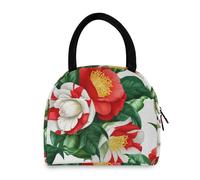 Borsa per il pranzo bianca con foglie verdi di camelia rossa con design anteriore e posteriore, fodera termica in alluminio, borsa frigo compatta