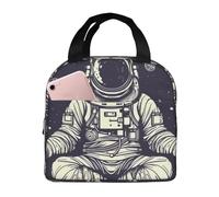 Borsa per il pranzo con astronauta seduto nello yoga chakra, riutilizzabile, portatile, a prova di perdite, isolata, con tasca frontale, per donne, uomini, viaggi, picnic, ufficio, lavoro