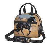 Borsa per il pranzo con cavallo arabo nero, per uomini e donne, grande capacità, riutilizzabile, isolata, con tracolla regolabile, per adulti