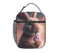 Borsa per il pranzo con coniglietto che mangia gelato per uomo e donna, graziosa borsa termica in poliestere, riutilizzabile, grande capacità, borsa frigo termica riutilizzabile per lavoro, picnic