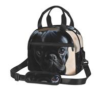 Borsa per il pranzo con cucciolo di carlino nero, per uomini e donne, grande capacità, riutilizzabile, isolata, con tracolla regolabile, per adulti
