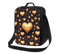 Borsa per il pranzo con cuore dorato e amore, per donne e uomini, borsa termica riutilizzabile, a prova di perdite, con tracolla regolabile, graziosa borsa per il pranzo per adulti