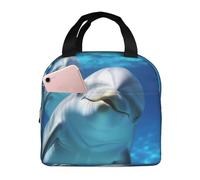 Borsa per il pranzo con delfino con sorriso per donne e uomini, borsa termica per il pranzo, riutilizzabile, a prova di perdite, con tasche laterali, contenitori per alimenti più freddi, grande borsa