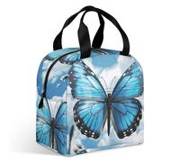 Borsa per il pranzo con farfalle e nuvole blu per adulti, a prova di perdite, isolata, con cerniera e tasche multiple, grande capacità, per ufficio, lavoro, picnic