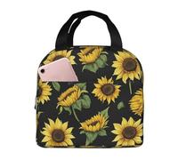 Borsa per il pranzo con fiori di girasole in fiore nera e gialla con design Fullprint, borsa termica leggera per la conservazione degli alimenti, tasca frontale da 20,3 x 12,7 cm, borsa multiuso per