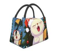 Borsa per il pranzo con gatto carino cantare canti natalizi per donne e uomini, borsa termica per il pranzo riutilizzabile, a prova di perdite, con tasche laterali, contenitori per alimenti più freddi