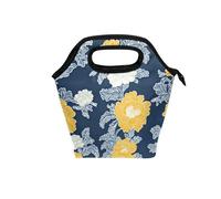 Borsa per il pranzo con manico curvo contenitori per il pranzo a tenuta stagna borsa termica isolata per ufficio viaggi garofano pizzo giallo senape e blu denim