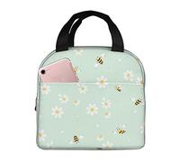 Borsa per il pranzo con margherite verdi e fiori, per donne e uomini, Kawaii Animal Bee isolata, contenitore per il pranzo, con tasca a fronda, per lavoro, picnic, viaggi