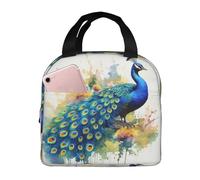 Borsa per il pranzo con pittura ad acquerello con pavone borsa da picnic isolata borsa da lavoro borsa fresca da campeggio