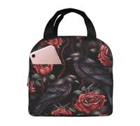 Borsa per il pranzo con rose rosse di Halloween per donne e uomini con corvo nero isolata scatola per il pranzo a prova di perdite termica, borsa termica per pasto per lavoro, scuola, picnic