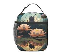 Borsa per il pranzo con splendida scena notturna al chiaro di luna e loto, adatta a donne e uomini. Simpatica borsa termica in poliestere, riutilizzabile, di grande capacità, ideale per lavoro, pic