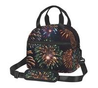 Borsa per il pranzo con stampa di fuochi d'artificio di grande capacità, isolata, simpatica, divertente, da donna, uomo,
