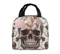 Borsa per il pranzo con teschio su sfondo bianco, per donne e uomini, isolata, riutilizzabile, a prova di perdite, con tasche laterali, contenitori per alimenti più freddi, grande borsa per pasti per