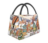 Borsa per il pranzo con villaggio magico di Natale ad acquerello per donne e uomini adulti isolata Lunch Box riutilizzabile a prova di perdite Borsa per il pranzo di grande capacità Contenitore per