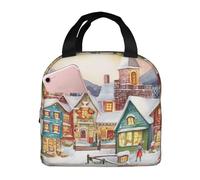 Borsa per il pranzo con villaggio magico di Natale ad acquerello per donne e uomini adulti isolata Lunch Box riutilizzabile a prova di perdite Borsa per il pranzo di grande capacità Contenitore per