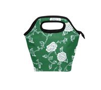 Borsa per il pranzo da donna con manico curvo scatola per il pranzo isolata resistente all'acqua mini borsa termica per escursionismo scuola garofano pizzo verde smeraldo
