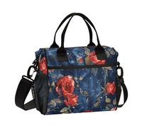 Borsa per il pranzo grande con fondo blu navy con rose rosse al centro di grande capacità, isolata e tracolla per scuola superiore e ufficio femminile