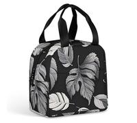Borsa per il pranzo in jacquard con foglie grigie nere per donne e uomini, borsa termica portatile con manico, a prova di perdite, riutilizzabile, per lavoro, picnic, viaggi
