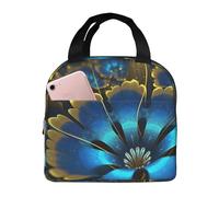 Borsa per il pranzo isolata con fiore dorato blu per donne e uomini riutilizzabile portatile Lunch Box a tenuta stagna Cooler Lunch Tote Bag con tasca frontale per viaggi picnic ufficio lavoro