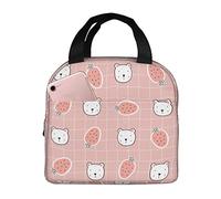 Borsa per il pranzo Kawaii con orso e fragola, per donne e uomini, riutilizzabile, con fragola, isolata, con tasca a fronda, per lavoro, picnic, viaggi