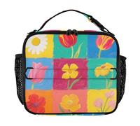 Borsa per il pranzo morbida con tasche con cerniera, da donna, mantiene il cibo caldo e più fresco, borsa termica per pasto per scuola, ufficio, campeggio, picnic, motivo floreale colorato a scacchi