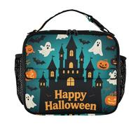 Borsa per il pranzo per bambini, con doppia cerniera, per donne, tracolla e portabottiglie, borsa tote isolata per lavoro e scuola, Happy Halloween, castello nero