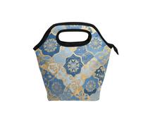 Borsa per il pranzo per bambini con manico curvo grande scatola per il pranzo per gli uomini a tenuta stagna portatile refrigeratore per spiaggia campeggio blu e oro fiori vintage giapponesi
