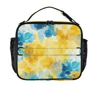 Borsa per il pranzo per bambini resistente all'acqua Lunch Box per bambini Tracolla e portabottiglie Borsa termica per scuola College Astratto Acquerello Fiore Giallo Limone Azzurro