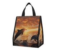 Borsa per il pranzo per donne e uomini, graziosa scatola termica per il pranzo, riutilizzabile, portatile, con delfini che saltano fuori dall'acqua al tramonto, borsa per il pranzo, per lavoro