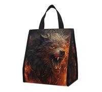 Borsa per il pranzo per donne e uomini, graziosa scatola termica per il pranzo, riutilizzabile, portatile, motivo: lupo selvatico nel fuoco, borsa tote per lavoro, ufficio, viaggi