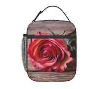 Borsa per il pranzo per donne e uomini, riutilizzabile, isolata, borsa per il pranzo, rosa su vecchio bordo di legno, a tenuta stagna, portatile, contenitore per il pranzo per picnic e viaggi