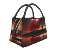 Borsa per il pranzo per donne, uomini e adulti, riutilizzabile, isolata, a prova di perdite, graziosa borsa per il pranzo con albero rosso, lago, luna, contenitore per il pranzo per lavoro, viaggi