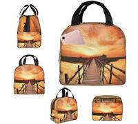 Borsa per il pranzo per uomini e donne, isolata, con tasche laterali, con tramonto sul lago e ponte