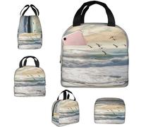 Borsa per il pranzo per uomini e donne, isolata, per spiaggia, uccelli marini, onde, borsa per il pranzo, borsa per il pranzo da lavoro, con tasche laterali