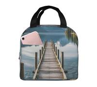 Borsa per il pranzo per uomo e donna, riutilizzabile, isolata, in legno, con motivo a molo e lago calmo, per lavoro, picnic