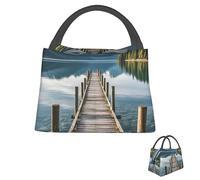 Borsa per il pranzo per uomo e donna, riutilizzabile, isolata, in legno, con motivo a molo e lago calmo, per lavoro, picnic