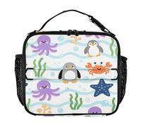 Borsa per il pranzo resistente all'acqua, tracolla regolabile, isolata, contenitore per il pranzo per scuola, ufficio, campeggio, picnic, simpatico cartone animato viola animale mare pinguino
