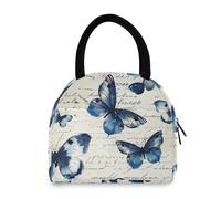 Borsa per il pranzo riutilizzabile con farfalle blu acquerello doppio scomparto in nylon resistente all'acqua portatile per le donne lavoro ufficio