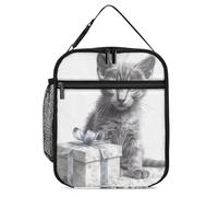 Borsa per il pranzo riutilizzabile isolata per donne e uomini, borsa termica a prova di perdite, gatto accanto alla confezione regalo, portatile, per adulti, piccola borsa per il pranzo per ufficio